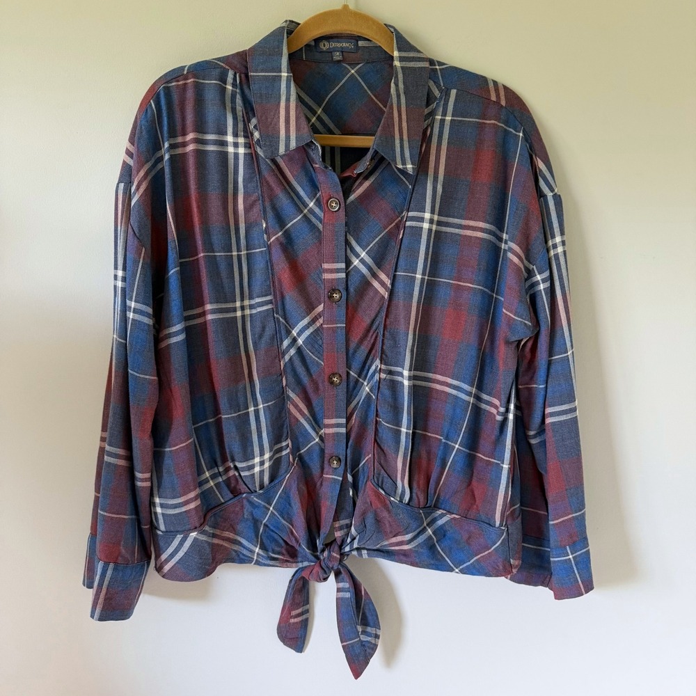 Democracy Plaid Tie Front Button Down Shirt Blue‎ Red White M Preppy Coastal